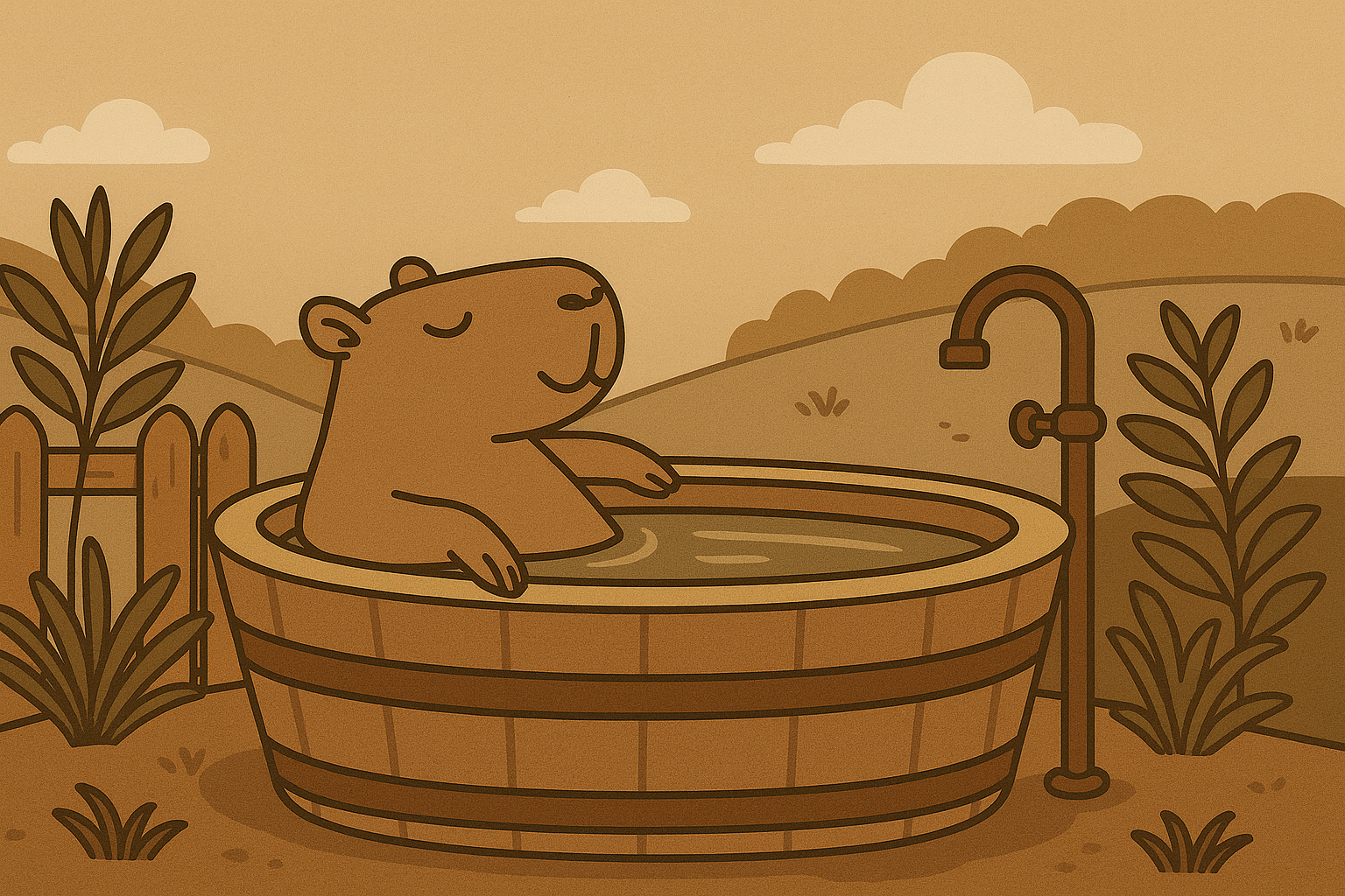 Illustration of a relaxed capybara soaking in a rustic outdoor tub